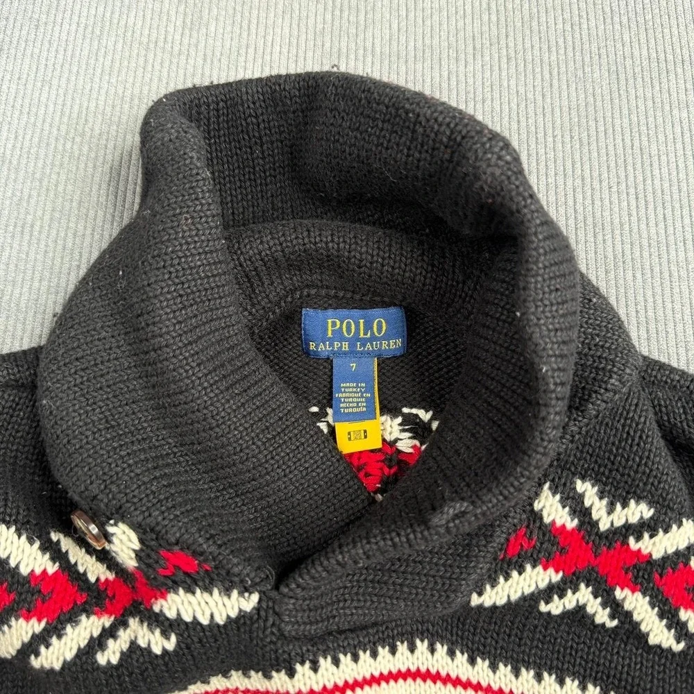 Polo Ralph Lauren Kids Shawl Neck Sweater Size 7 Black Red White Fair Isle Knit